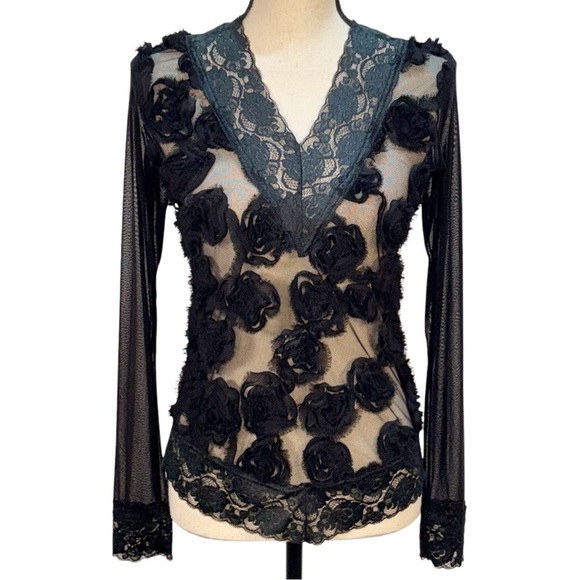 French Laundry by Neto Sheer Black Lace Top with 3D Floral Embellishments - Picture 1 of 16